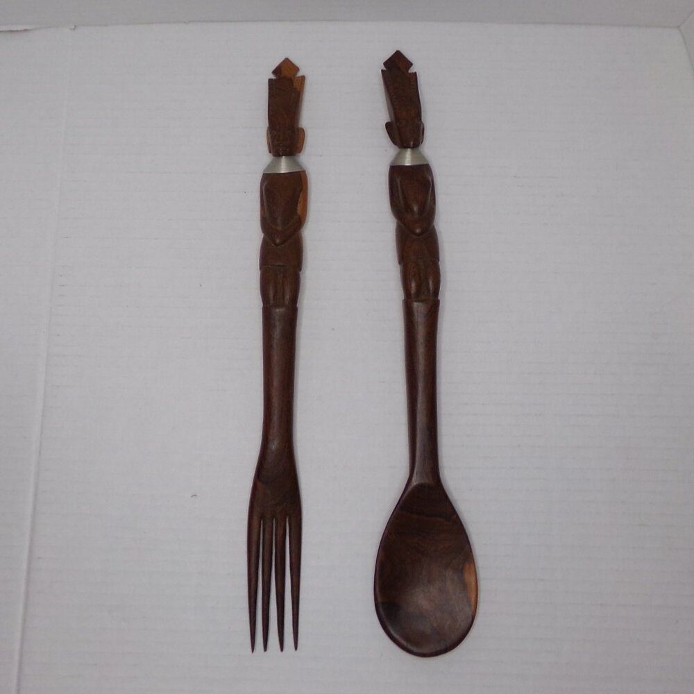 Vintage Hand Carved Wood Serving Spoon Fork African Egyptian Tribal MCM Salad